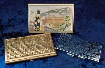 Set Of 3 Vintage Cases  Japanese Kiyomizu-dera Card Case, Gold-Tone Card Case & Mirrored Compact