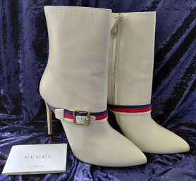 Gucci White Leather Web Stripe High Heel Ankle Boots  Made In Italy  Size 38  New In Box