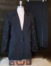 Solini New York Black Sequin Evening Skirt Suit  Full-Length Slit Skirt  Size 10