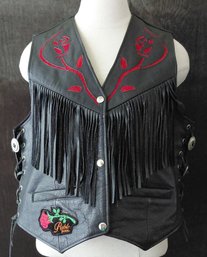 Leather Gallery Black Leather Western Fringe Vest  Red Rose Appliqu  Concho Lace-Up Sides  XXL