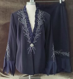 Vintage Donnavinci Navy Embellished Two-Piece Skirt Suit  Ruffled Jacket & Maxi Skirt  Size 14