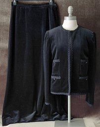 Vintage Choice By Butte Black Velvet Skirt Suit  Braided Trim  Jacket Size 12 / Skirt Size 14