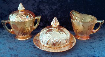 Vintage Jeannette Iris & Herringbone Marigold Carnival Glass 3-Piece Serving Set  Covered Butter, Sugar & Cre