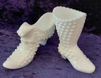 Vintage Fenton Hobnail Milk Glass Shoe Miniatures  Laced High-Top Boot & Cat Head Slipper  Set Of 2