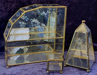 Terrific Trio Of Vintage Brass-Framed Glass Geometric Display Boxes  Pyramid, Cube & Mirrored Shelf Curio
