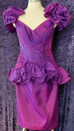 Vintage Tadashi Purple Ruched Cocktail Dress With Sculptural Rosette Details – Dramatic Peplum Design