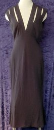 Halston Designer Black Plunging V-Neck Midi Dress With Slit Shoulders  2000s  Size 8