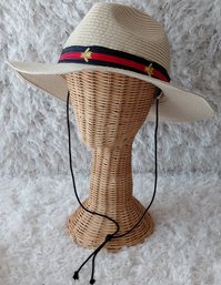 Vintage Vince Camuto Women's Straw Panama Fedora Hat  Bee Embroidered Grosgrain Band  Adjustable Fit