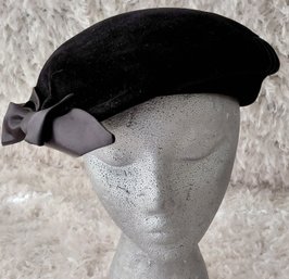 Vintage Black Velvet Tilt Hat  Dramatic Oversized Satin Bow