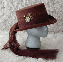 Spirit Brown Steampunk Top Hat  Clock & Gear Accents With Lace Tulle Train