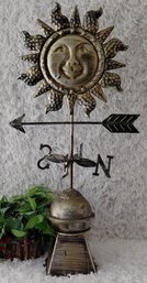 Large Rustic Metal Sun Face Weathervane Tabletop Sculpture With Directional Arrow