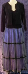 Vintage Bespoke Hand-Tailored Black Velvet & Purple Tiered Evening Gown With Matching Jacket