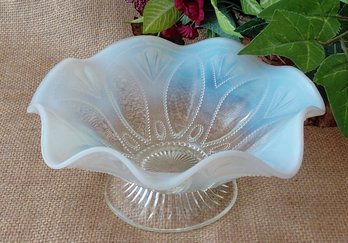 Antique H. Northwood Co. Roulette White Opalescent EAPG Footed Candy Bowl  Beaded Roulette / Inverted Feather