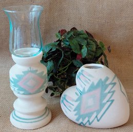 Vintage Southwestern Art Pottery Vase & Hurricane Candle Holder Set  Turquoise Pink Geometric