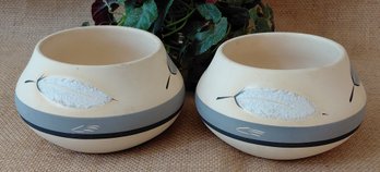 Vintage Grey Feather Desert Pueblo Pottery Feather Bowls  Signed Pair