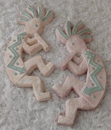 Pair Southwestern Kokopelli Flute Player Wall Plaques  Pastel Pink & Turquoise  Approx. 12'