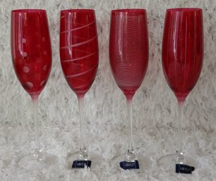 Mikasa Cheers Red Champagne Flutes  Set Of 4  Assorted Etched Designs  Original Labels
