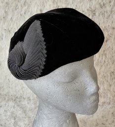 Vintage 1940s1950s Clemar Original Black Velvet Cocktail Hat  Pleated Rosette Trim