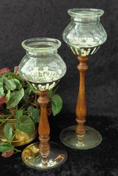 Vintage 1960s Mid-Century Modern Wood, Chrome & Bubble Glass Votive/Hurricane Candle Holders  Graduated Pair