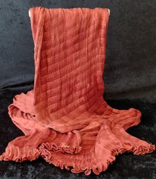 Vintage Venetia Studium Terracotta Pleated Silk Satin Scarf Shawl With Bronze-Tone Murano Glass Beads  1980s