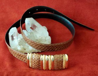 Vintage 1980s1990s Leather Shop Brown Genuine Snakeskin & Leather Belt No. 7249  Size M  Gold-Tone Buckle