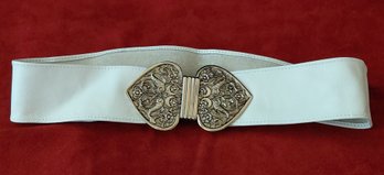 Vintage White Leather Belt With Repouss Silver-Tone Double Heart Buckle  Adjustable  2 Inch Wide
