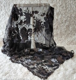 Natasha Black Fully Sequined Floral Shawl With Scalloped Edge  NWT  72 X 26 Inches