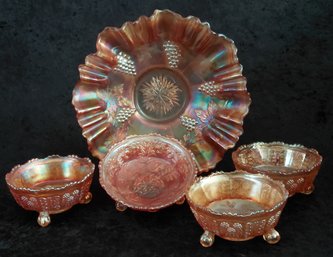 Antique Fenton Marigold Carnival Glass Collection  Grape & Cable, Butterfly & Berry And Panther  5 Pieces
