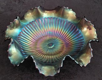 Magical Antique Northwood Amethyst Carnival Glass Stippled Rays Ruffled 10 Inch Bowl