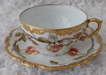 Antique Limoges France Hand-Painted Cherry Teacup & Saucer  Heavy Gold Gilt  Patented Design