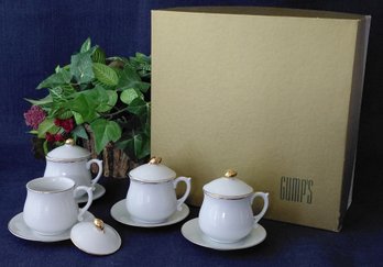Gump's Porcelain Pots De Crème Set  White & Gold  New In Original Box