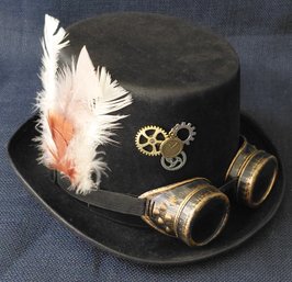 Spirit Steampunk Black Top Hat With Goggles, Gears, Clock & Feather Embellishments