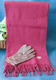 New Grandoe Warm Brown Leather Gloves Size 8 & Burgundy Heraldic Crest Scarf  68'