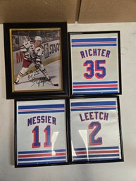 New York Rangers Framed Memorabilia Lot Brian Leetch Autograph Messier Richter 4PC
