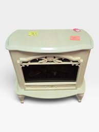 Cream Painted Electric Fireplace Console With Carved Scroll Face, Faux Logs, And Cabriole Feet. Store Tag $495