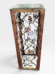 Distressed Gilt Plant Stand With Openwork Vine Panels. L 15⅞ × W 16 × H 43⅝ In. $125.