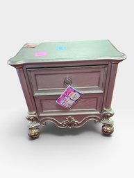 Silver-gray Two-drawer Nightstand With A Ring Pull And Carved Feet. L 16½ × W 28⅜ × H 29⅜ In. Tag $195.