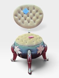 Round Tufted Vanity Chair With A Floral-painted Base And Chrome Cabriole Legs. W 18  H 35 In.