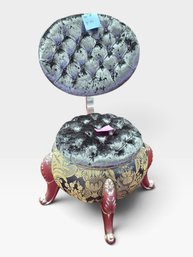 Round Tufted Vanity Chair In Gray Crushed Velvet With A Gold Damask Base And Chrome Legs. W 18 × H 35 In