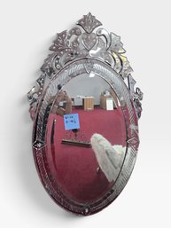 Venetian-style Oval Mirror With An Etched Glass Crest. W 22 × H 42½ In. Tag $495.