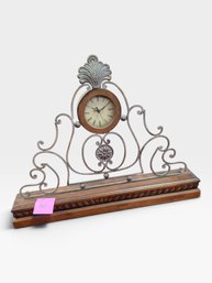 Vintage Wrought-iron Mantel Clock On A Rope-carved Wood Base, Shell Crest, Roman Dial.