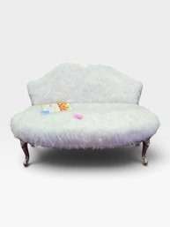 White Faux-fur Bench ()  Silver Rococo Legs, Heart-back Settee. 19' L  52' W  31' H. The Ca