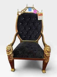 Gold Lion Throne Chair, Black Velvet Diamond-tufted Back With Crystal Buttons, Paw Feet. 25¼' L × 28' W × 56'