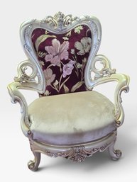 Rococo Cream-and-silver Armchair, Floral Tapestry Back, Beige Velvet Seat. 27' L × 35' W × 43' H.