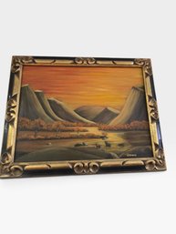 Signed Garone Sunset Mountain Landscape With Deer, Ornate Gilt Frame. 26¼' W × 22½' H.