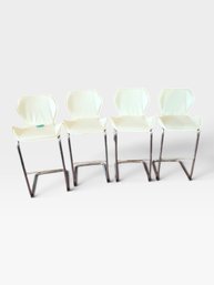 Set Of Four White Vinyl Bar Stools, Chrome Sled Bases, 19' L  15' W  38' H Each