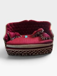 Red Tufted Velvet Settee With Tassel Trim And Pillows, 58' L × 34' W × 35' H