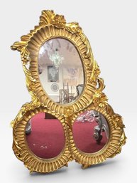 Gilt Rococo Triple Mirror, One Oval Over Two Rounds, Floral Crest