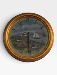 Round Wall Clock, Hand-painted Lighthouse And Sailboat Dial, Gilt Frame, Roman Numerals. 24⅞' W × 24¾' H.