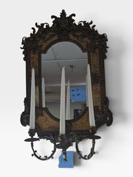 Bronze Girandole Mirror, Three Candle Arms, Painted Floral Panels, Mask Crest. 16' W × 28' H.